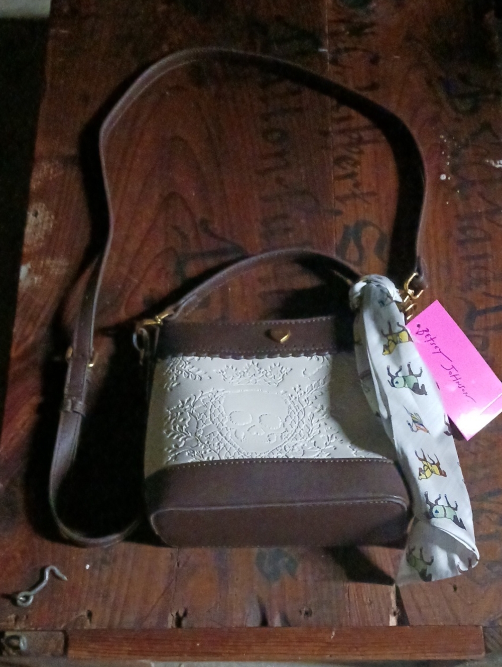 BETSEY JOHNSON Brown and Cream Crossbody Bag with Embossed Panel SKULLS HORSES
